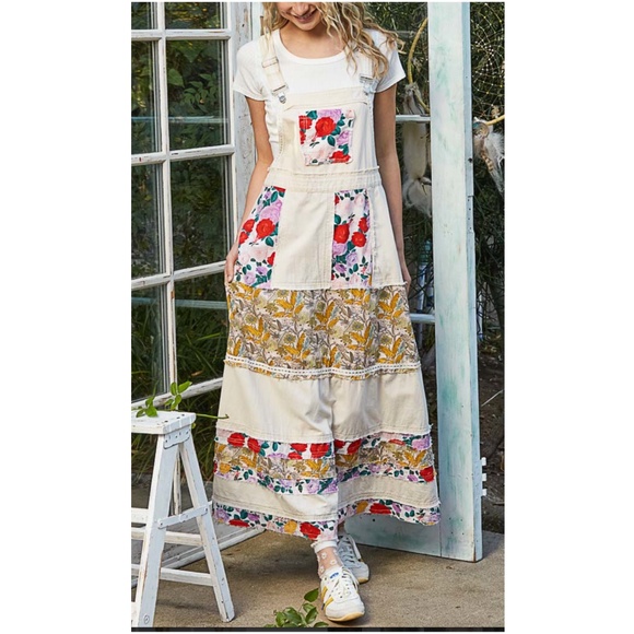 POL Floral Print Frayed Denim Jeans Overalls Dress - Picture 1 of 6